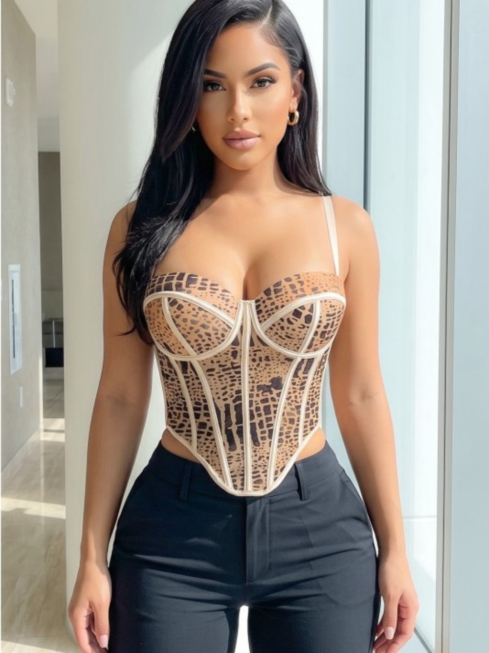 Animal-Print Structured Bustier Top - Tan T-55459